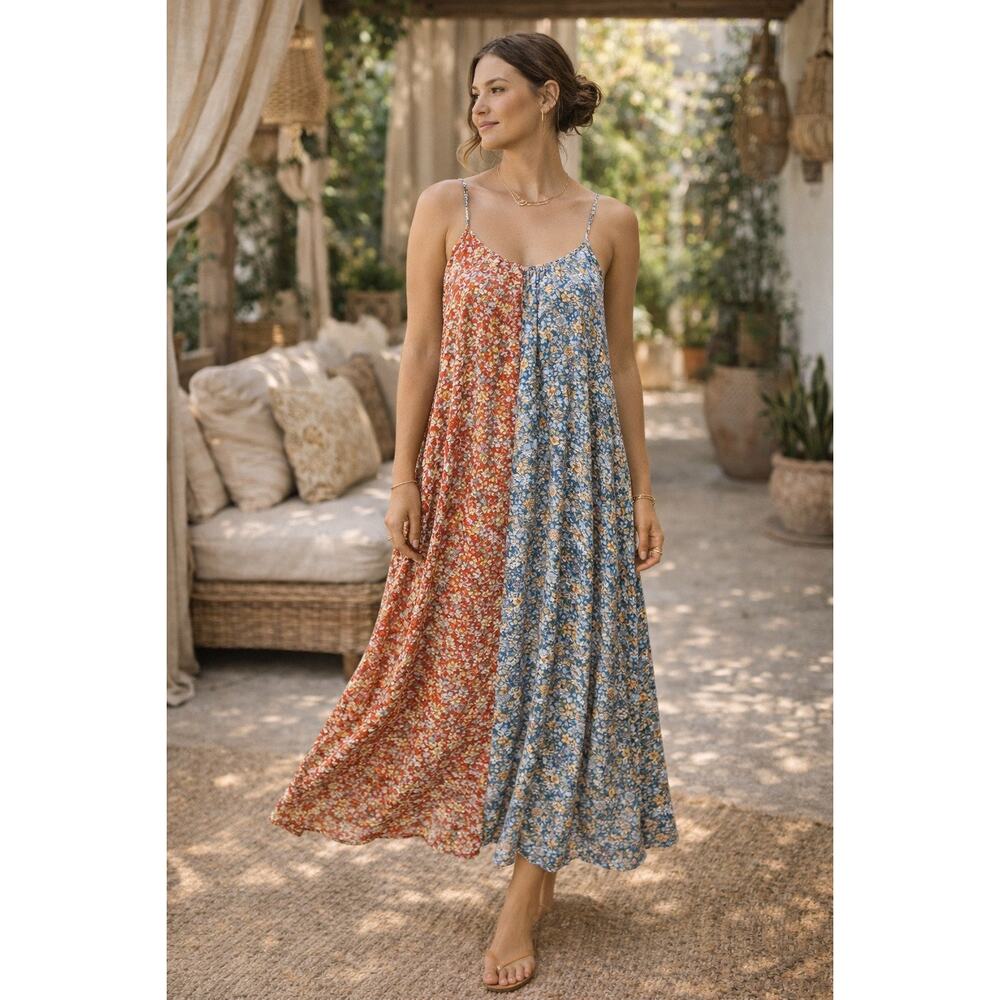 Natural Life Patchwork Floral Maxi Dress Red Blue Mixed Print L/XL Bohemian